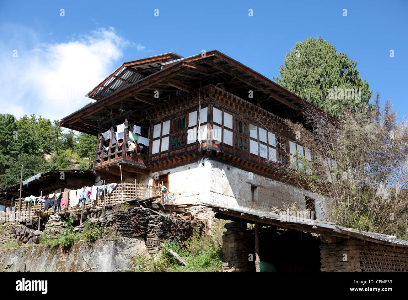 Traditional Bhutanese house in the Bumthang Valley, Bhutan, Asia Stock Photo