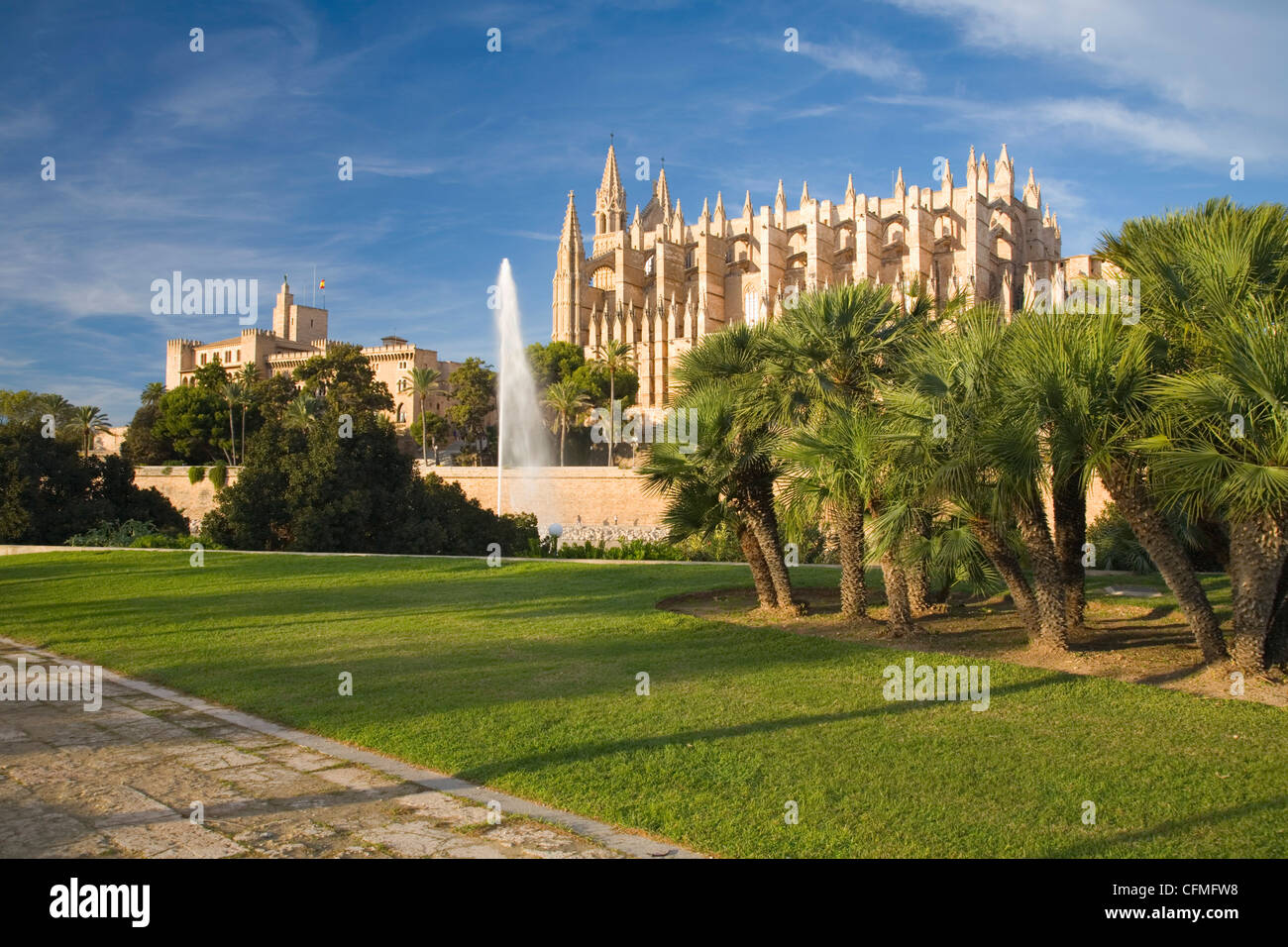 View from Parc de la Mar to the Almudaina Palace and cathedral, Palma de Mallorca, Mallorca, Balearic Islands, Spain, Europe Stock Photo