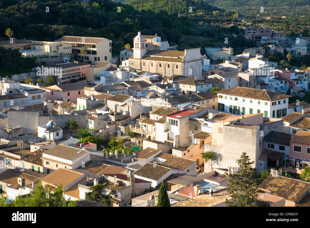 View over rooftops from the castle battlements, Capdepera, Mallorca, Balearic Islands, Spain, Europe Stock Photo