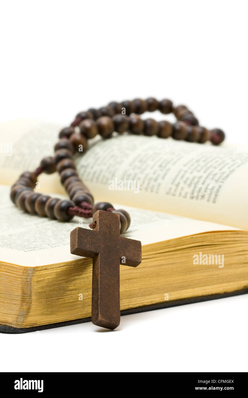 Rosary with holy bible over white background Stock Photo - Alamy