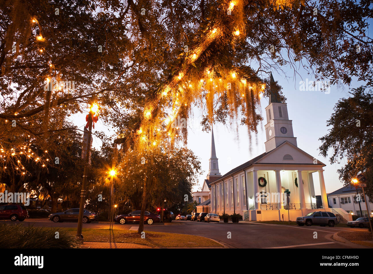 USA, Florida, Tallahassee, Church with lights on tree Stock Photo