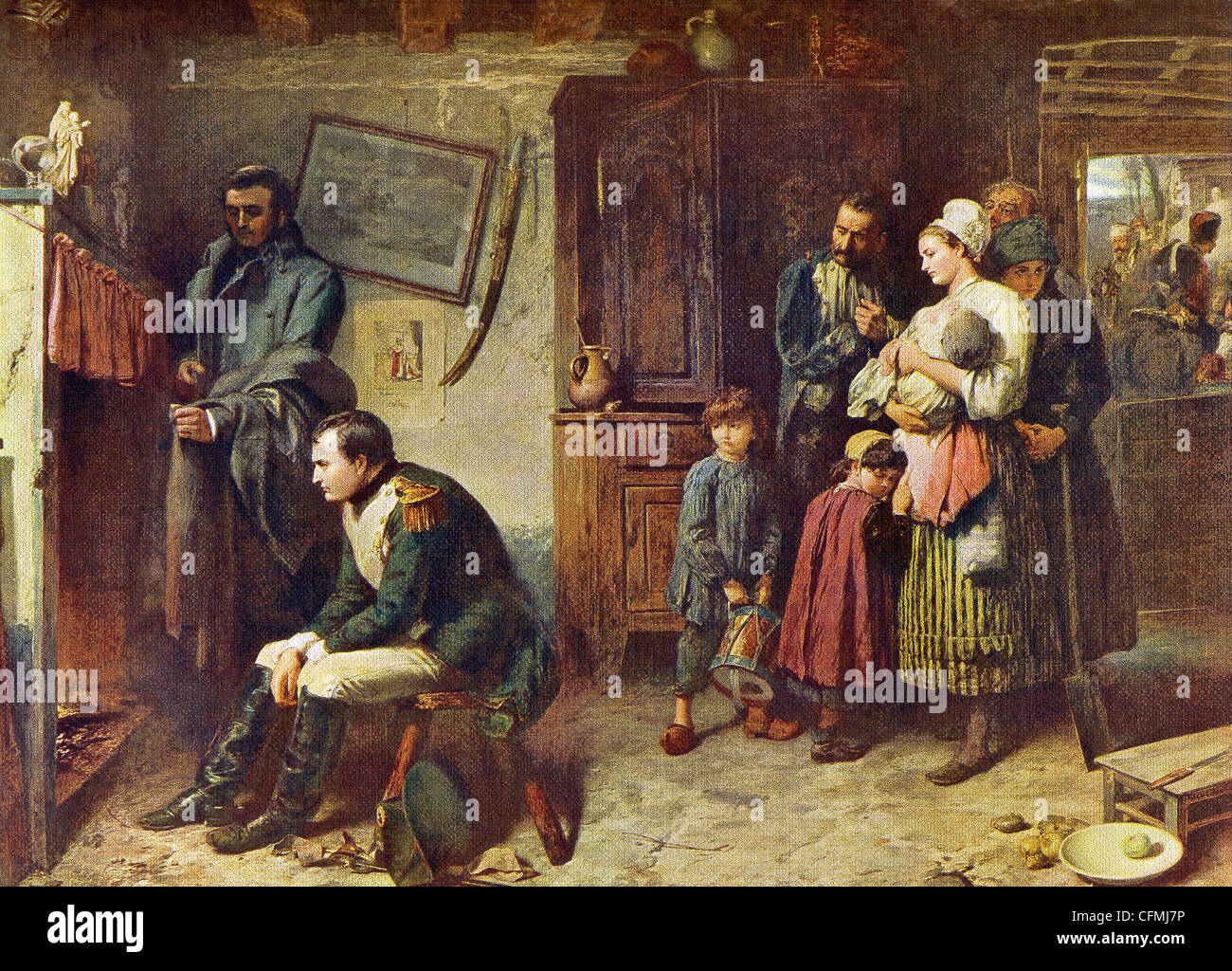 Here Napoleon is shown at a peasant's house after being defeated at the Battle of Waterloo. Stock Photo