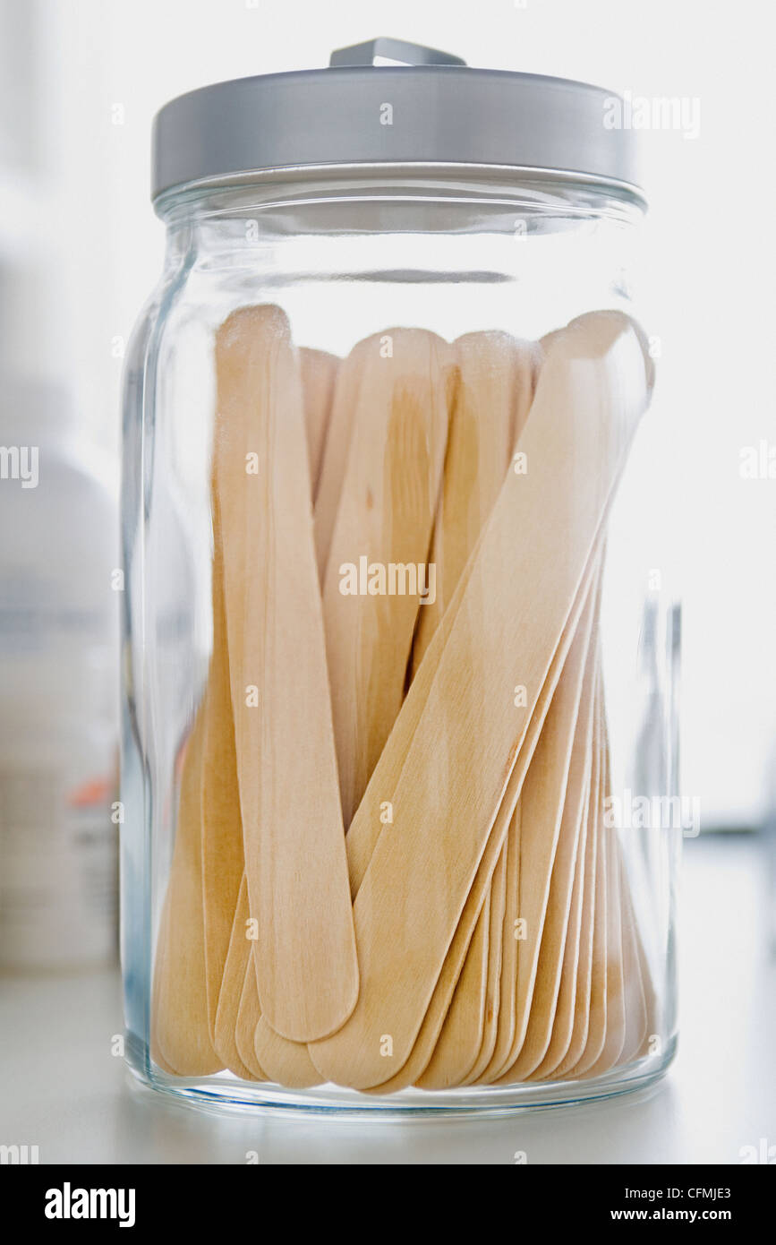 USA, California, Los Angeles, Jar with tongue depressors Stock Photo