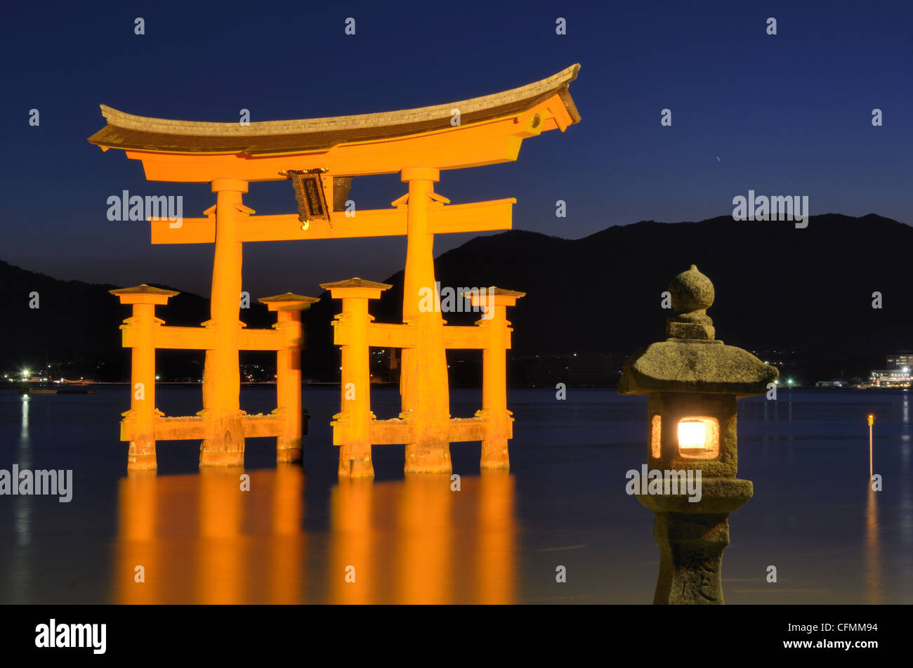 The famed 'Floating Gate' of the island of Miyajima in Hiroshima, Japan at night. Stock Photo