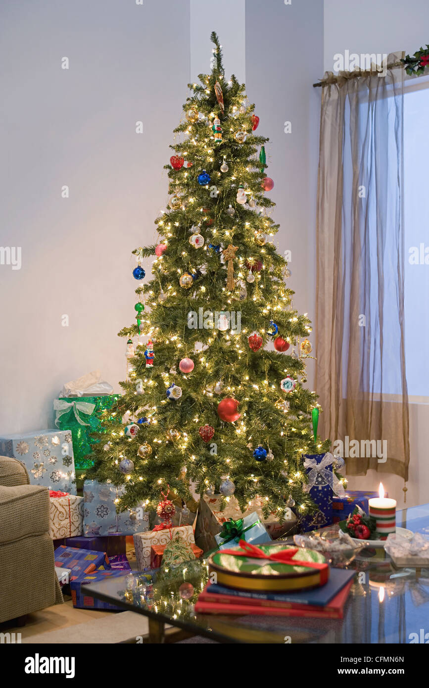 USA, California, Los Angeles, Christmas tree in living room Stock Photo