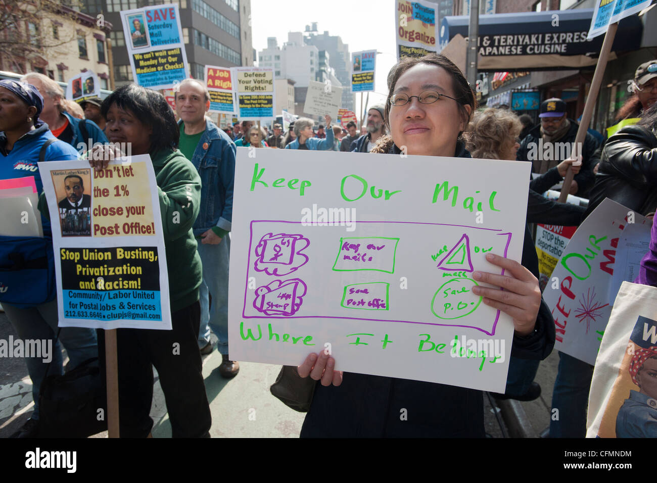 New York Metro Area Postal Union workers and supporters rally to demand continuation of 6 day postal delivery service Stock Photo