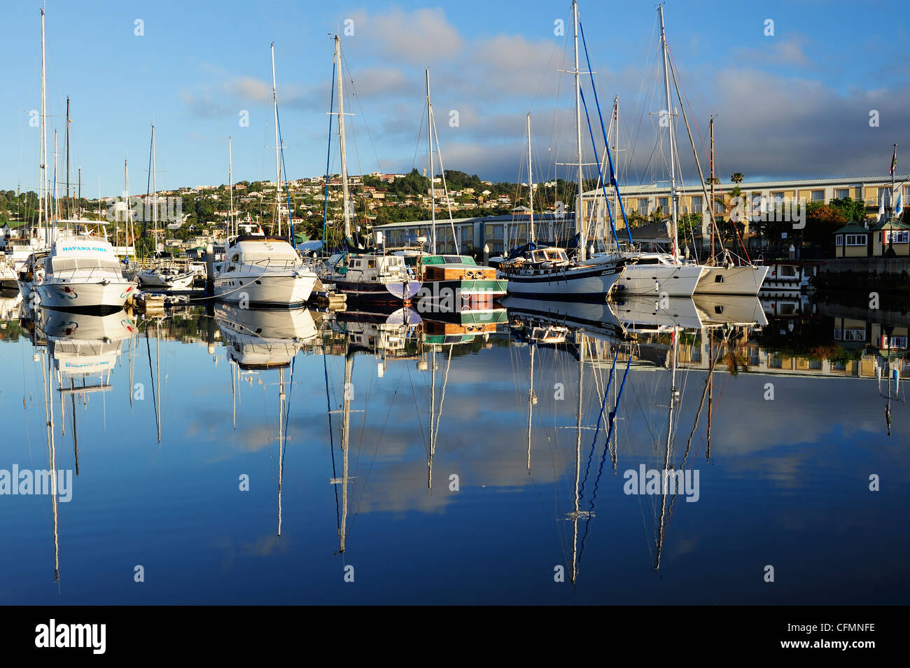 Yachts moored on the Waterfront at Knysna on the Garden Route, Western Cape, South Africa Stock Photo