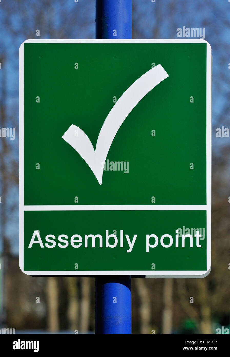 'Assembly point', sign in car park. ASDA Supermarket, Burton Road, Kendal, Cumbria, England, United Kingdom, Europe. Stock Photo
