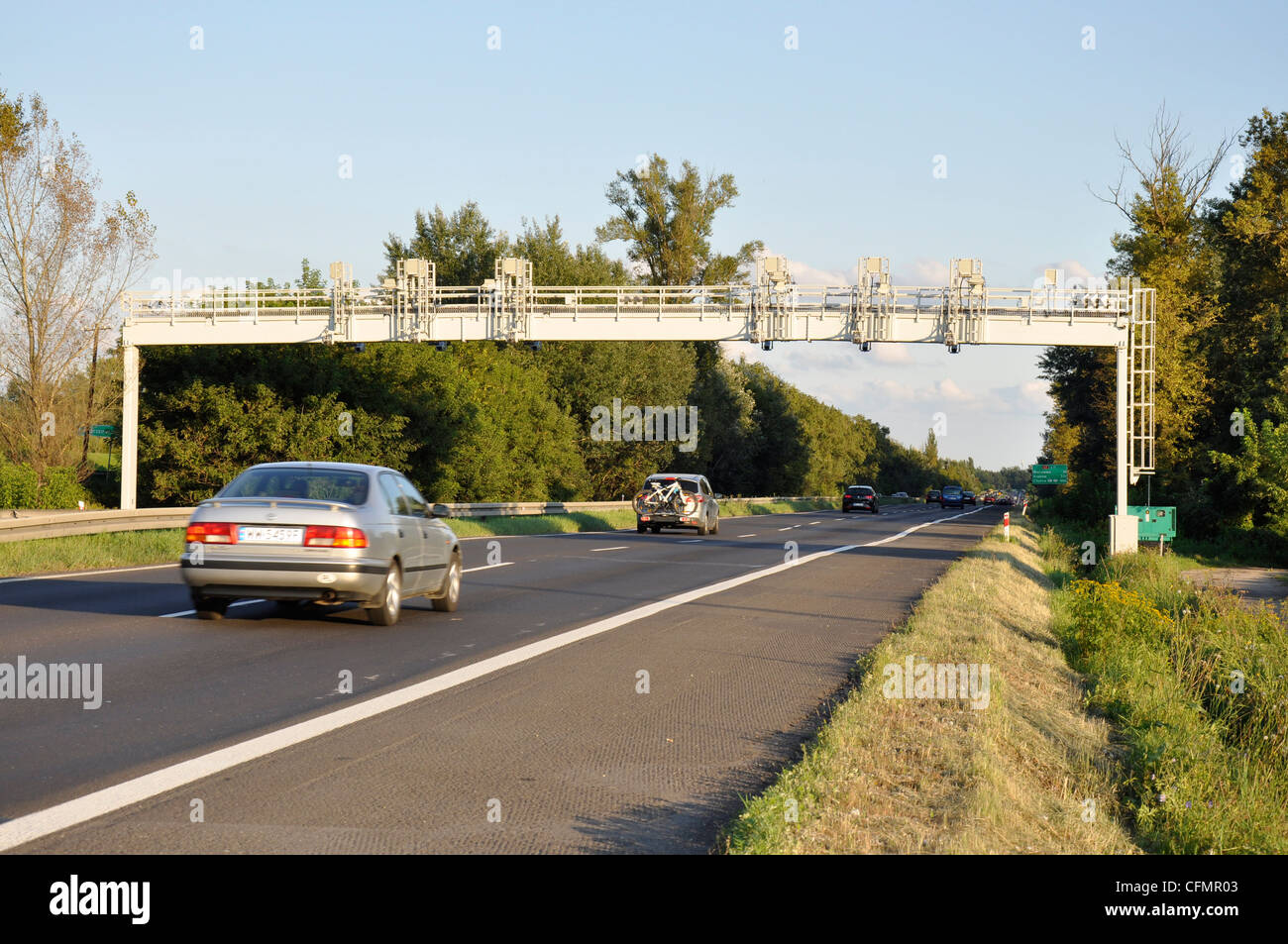 Average speed control gate with cameras made for speed limit on highway Stock Photo