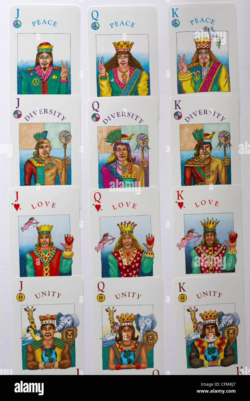 novelty playing cards with jacks queens and kings in suits of peace diversity love and unity - Non-Violent Politically Correct WAR Card Game - UK Stock Photo