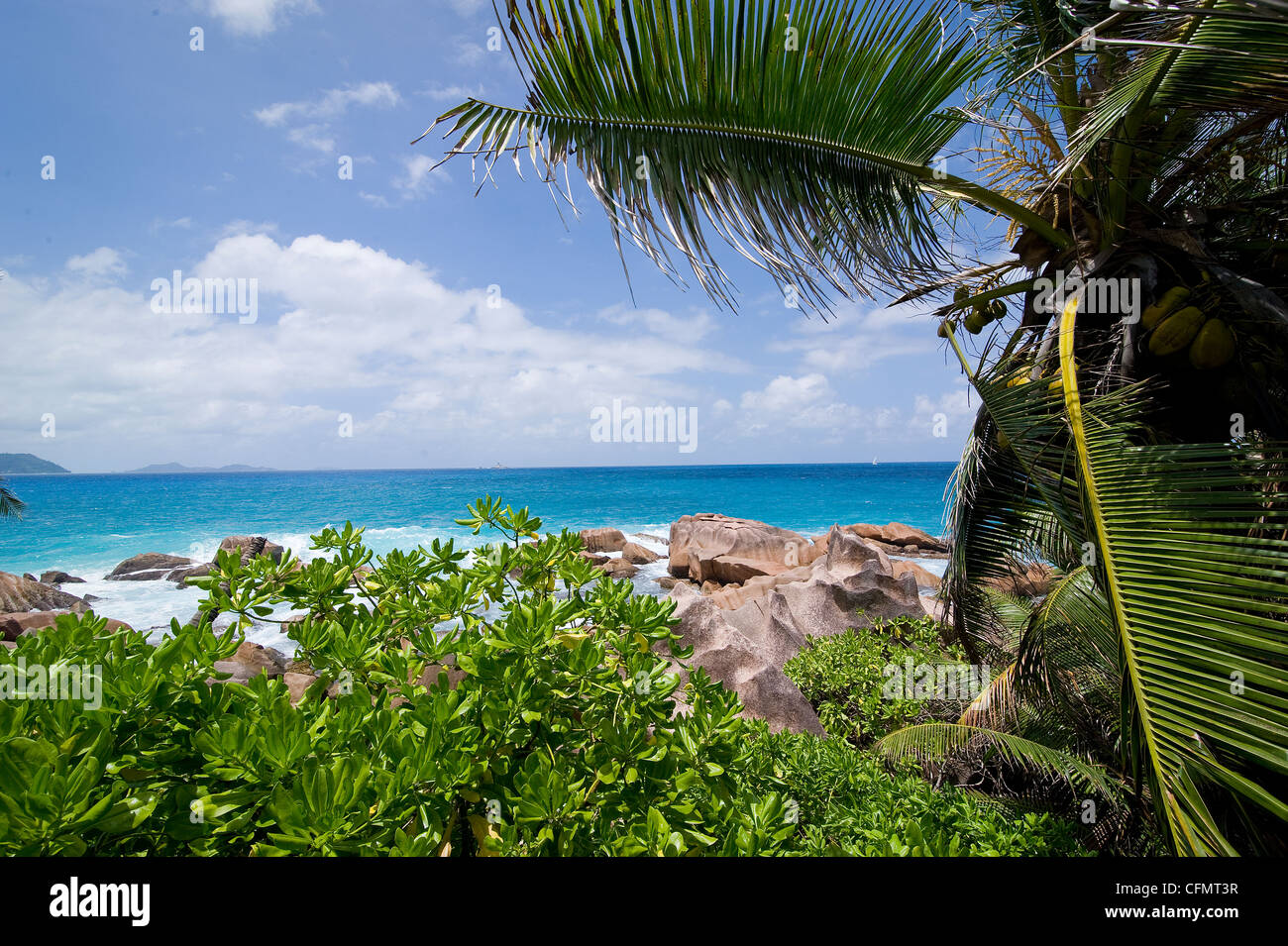 SEYCHELLES, LA DIGUE ISLAND is one of the favourite places for tourists because of its tranquillity and beautiful beaches. Stock Photo