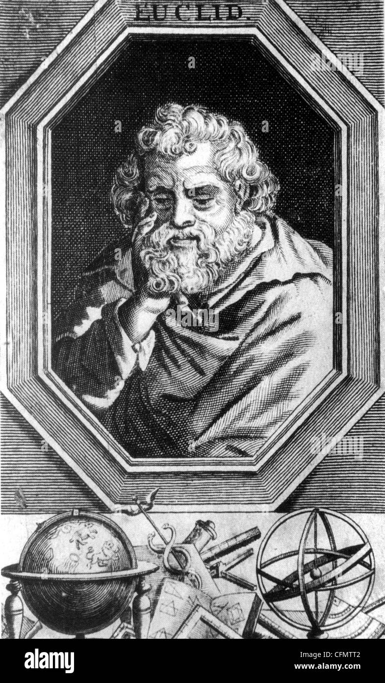 EUCLID Greek mathematician with symbols of geometry in an 18th century engraving Stock Photo