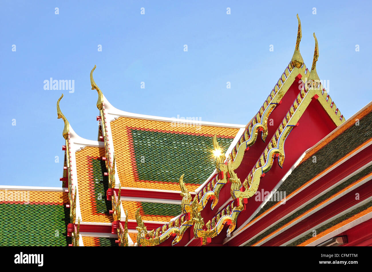 detail of ornately decorated temple roof in bangkok, thailand Stock Photo