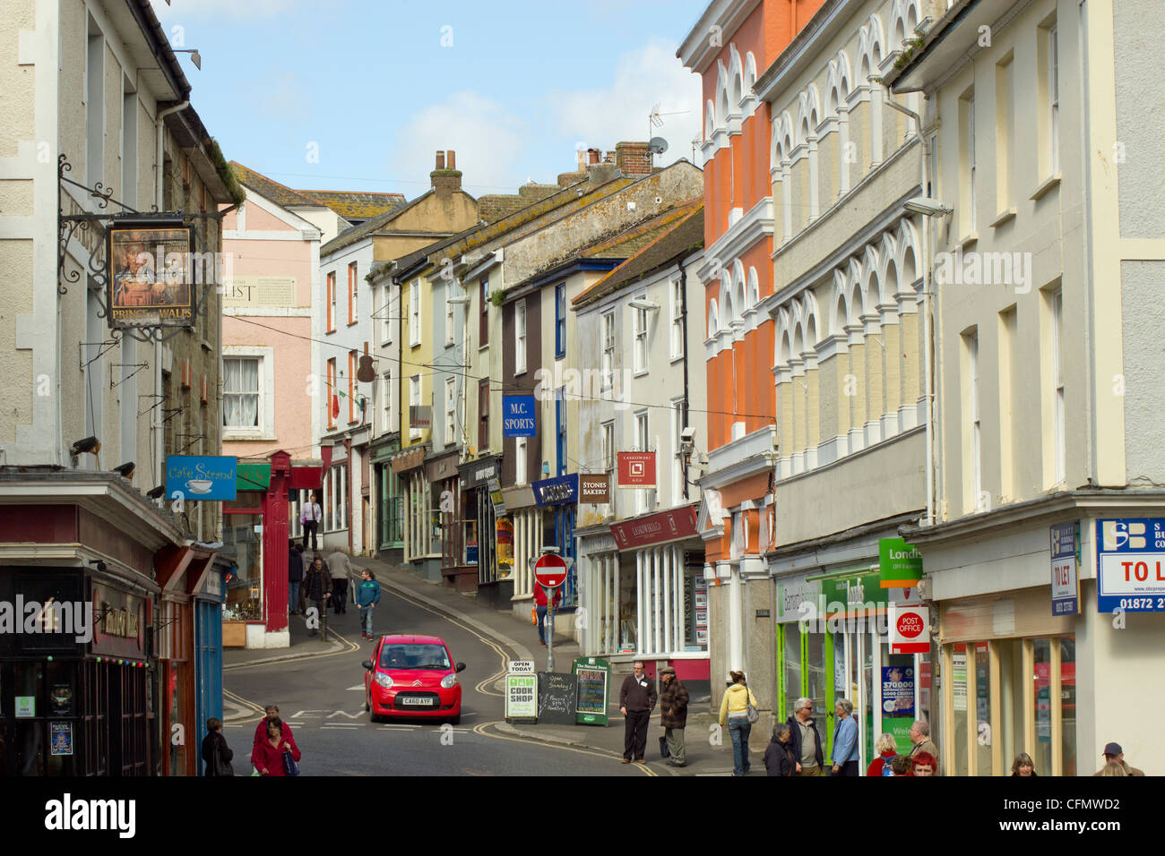Market Strand and High Street shop buildings in Falmouth, Cornwall UK