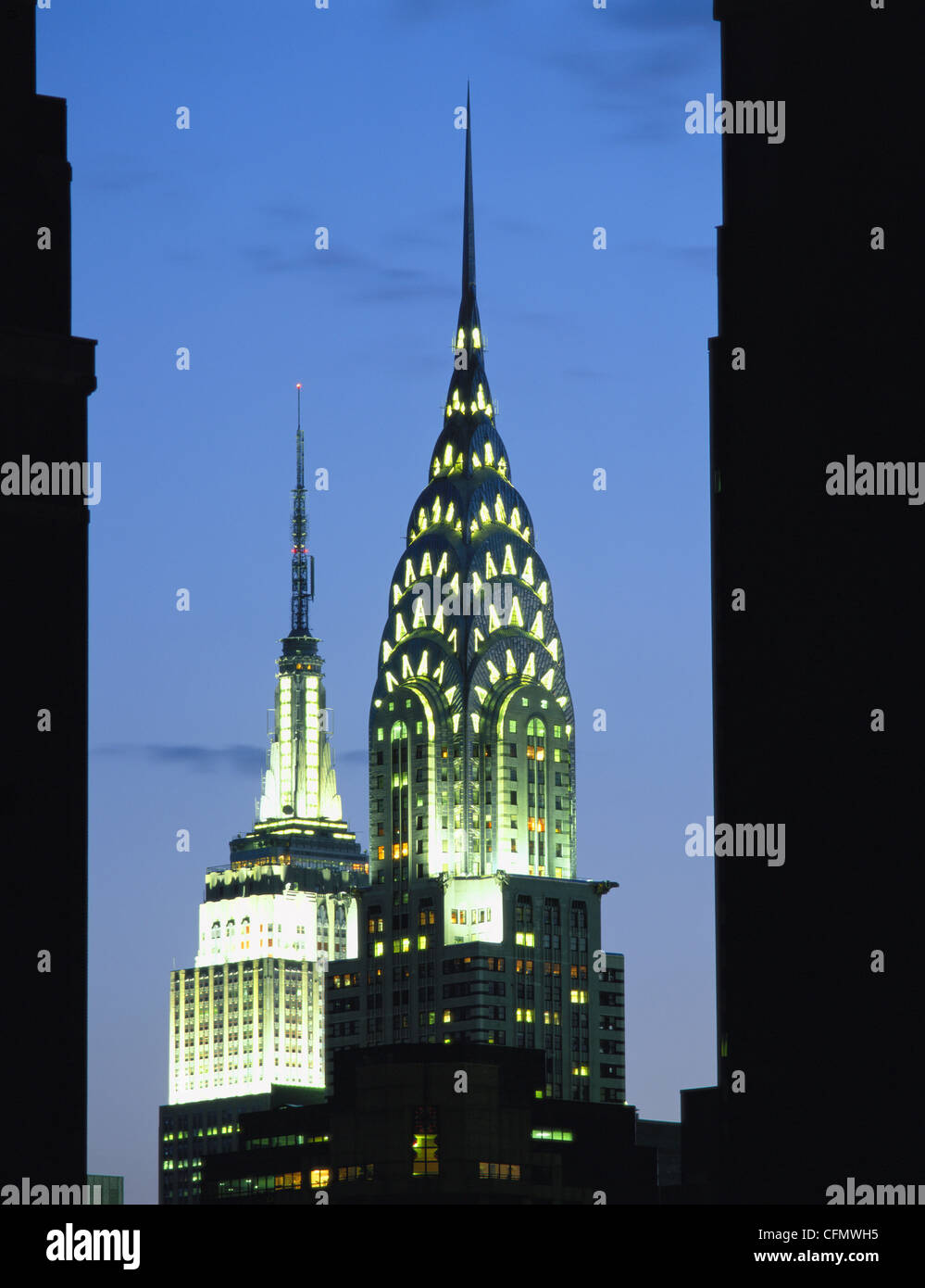 CHRYSLER & EMPIRE STATE BUILDINGS AT NIGHT, NEW YORK, USA Stock Photo