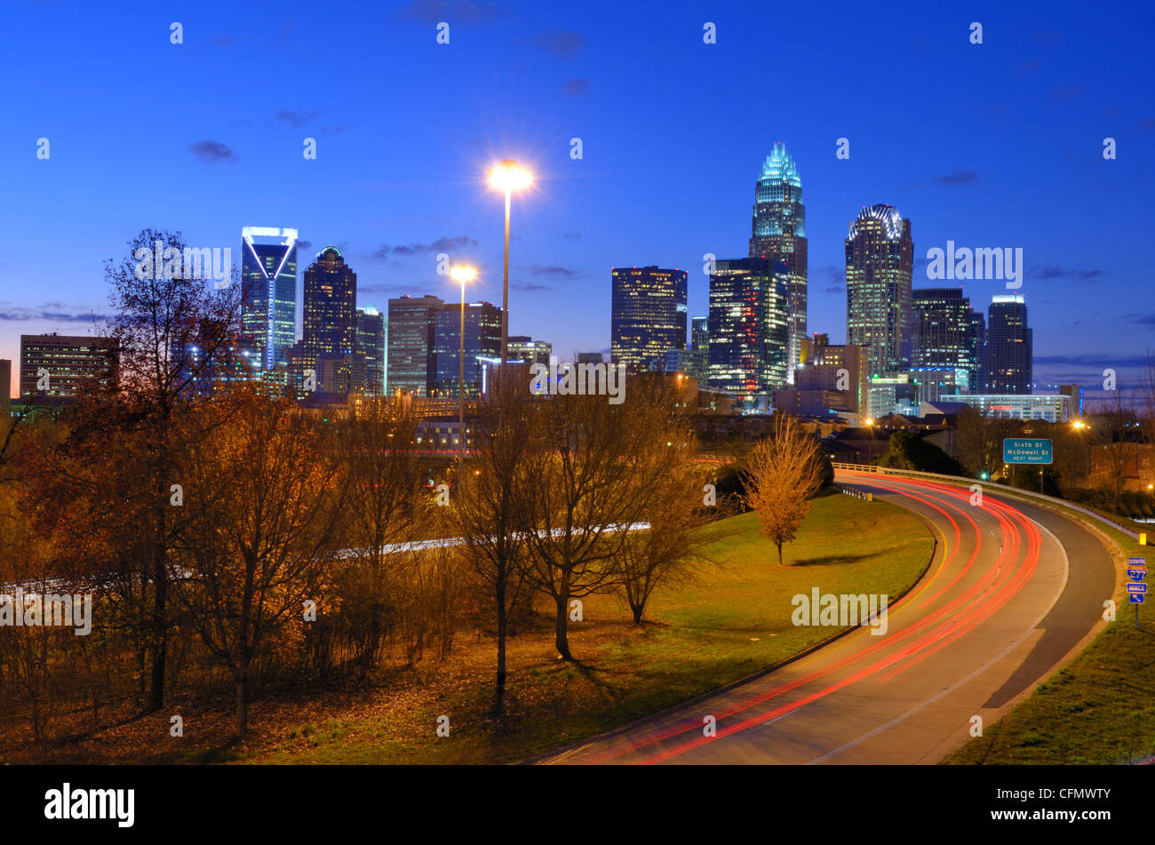Skyline of Uptown charlotte, North Carolina from above Independence Freeway. Stock Photo