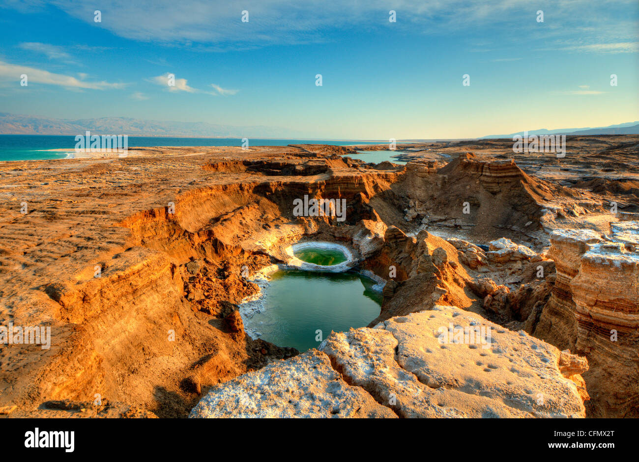 Sink holes near the Dead Sea in Ein Gedi, Israel. Stock Photo