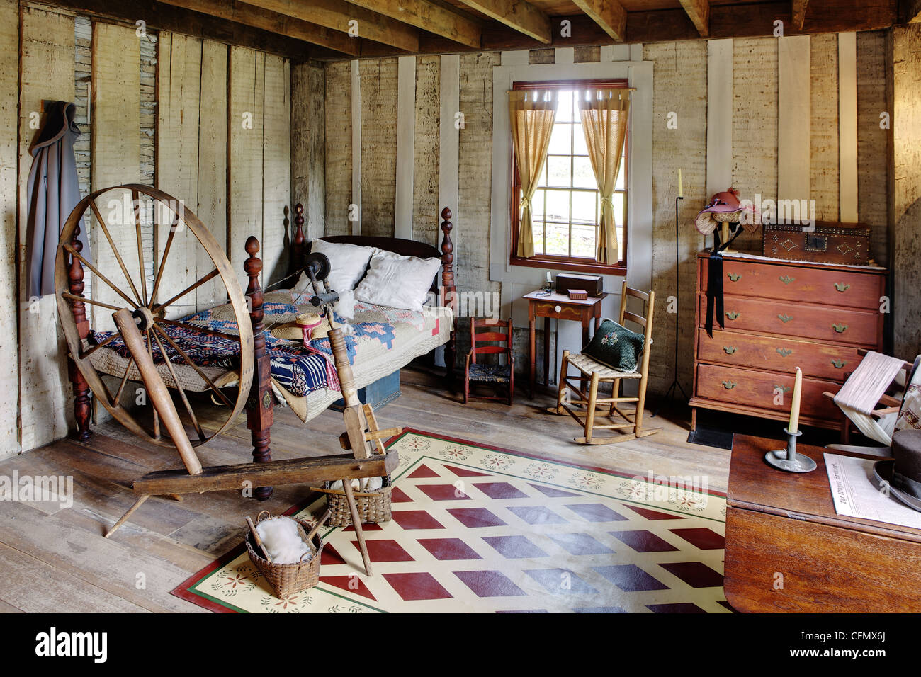 A, authentic reproduction bedroom in a colonial style home, at the Joseph Smith home in Palmyra New York. Stock Photo