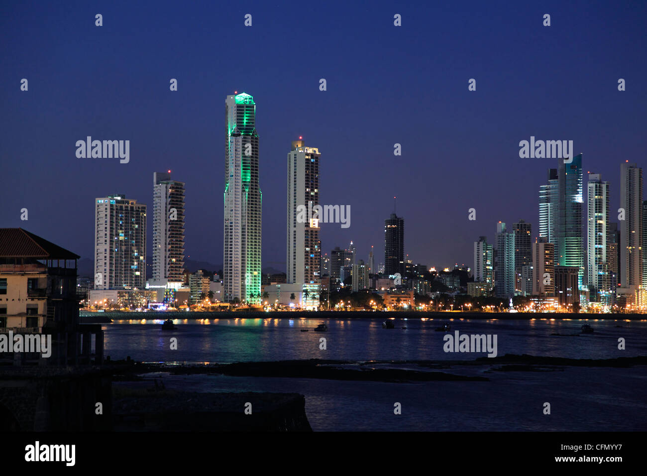 Panama City Skyline At Night Stock Photo