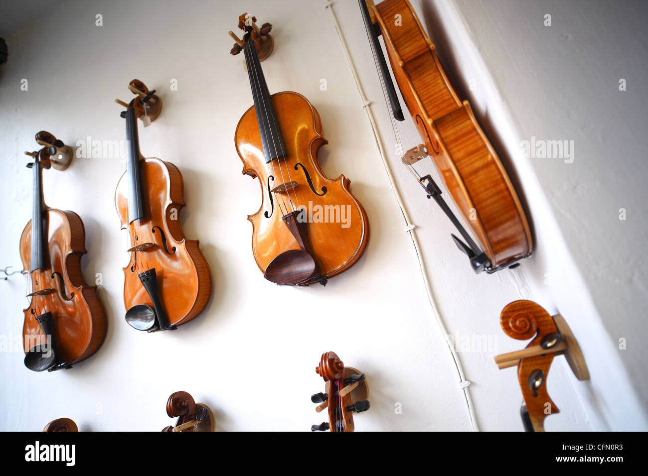 Violins on sale in a music shop. Stock Photo