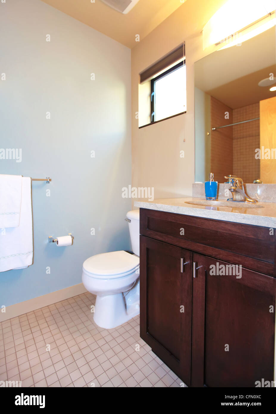 Nice small blue bathroom with wood cabinet and tile floor Stock Photo ...