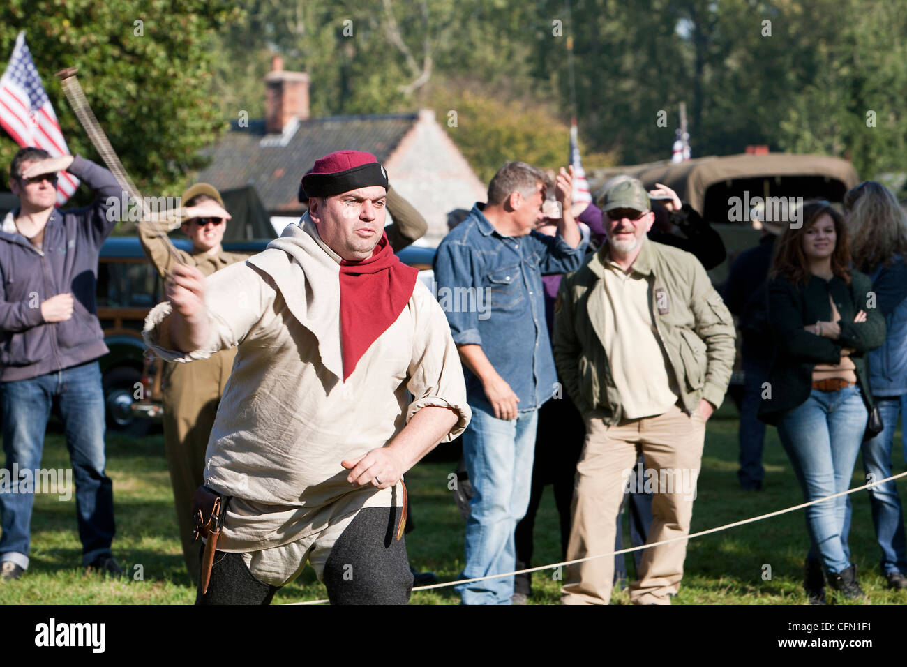 Medieval slingshot demonstration at living history fare in Norfolk