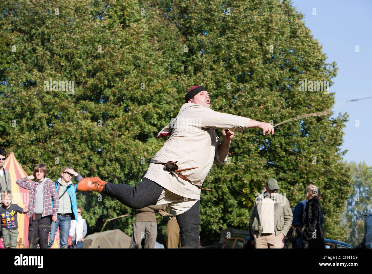 Medieval slingshot demonstration at living history fare in Norfolk Stock Photo