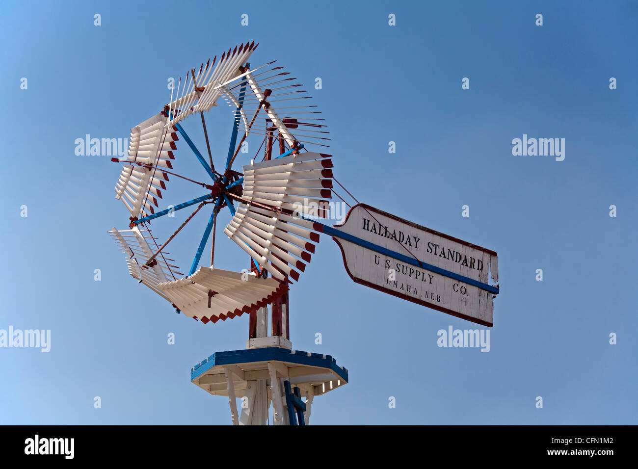 Jackson, Nebraska - Historic windmills displayed outside the entrance to the L.P. Gill Landfill. Stock Photo
