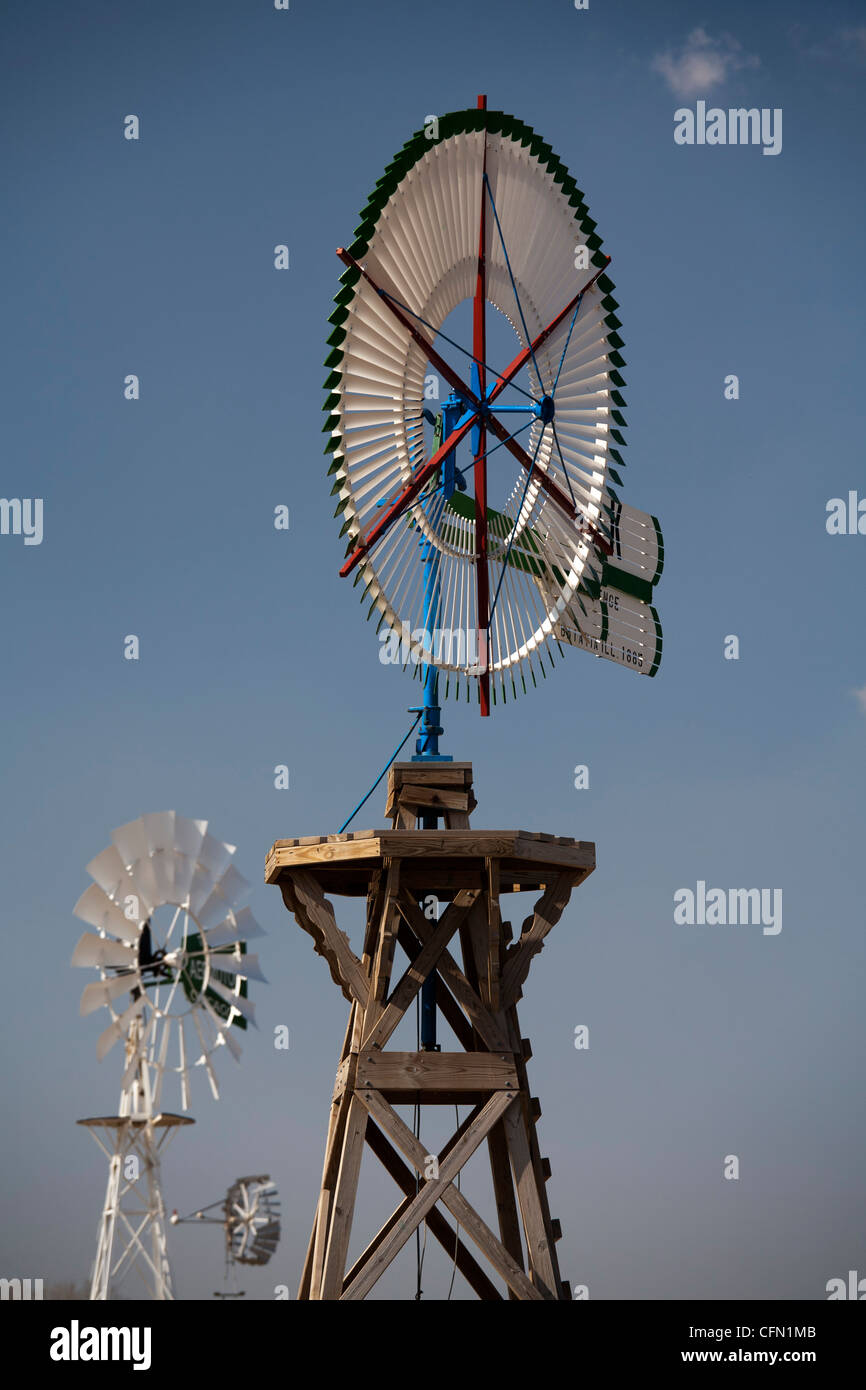 Jackson, Nebraska - Historic windmills displayed outside the entrance to the L.P. Gill Landfill. Stock Photo
