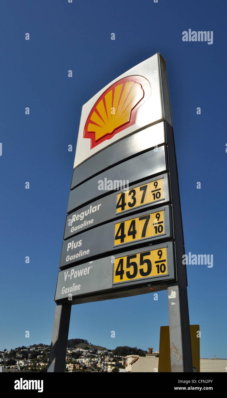 March 2012, Shell Gas station prices per gallon sign in California Stock Photo