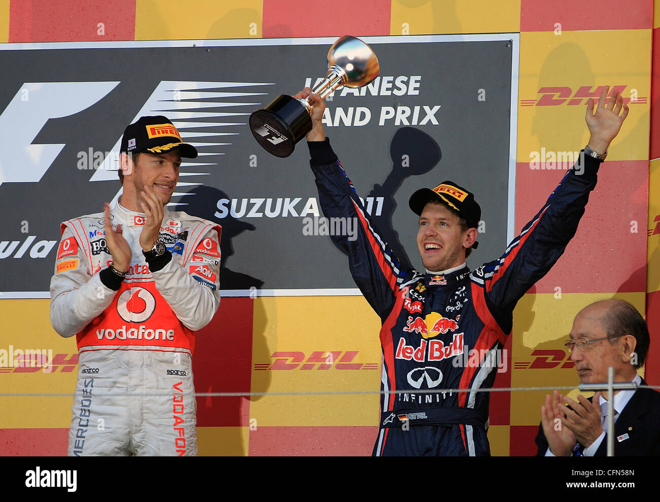 Race winner Jenson Button and World Champion Sebastian Vettel Formula 1 ...