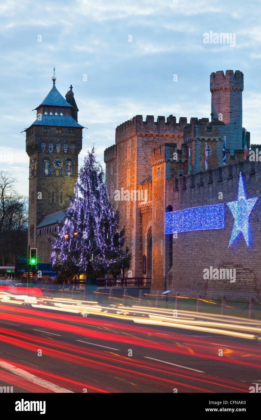Cardiff Castle with Christmas lights and traffic light trails, Cardiff