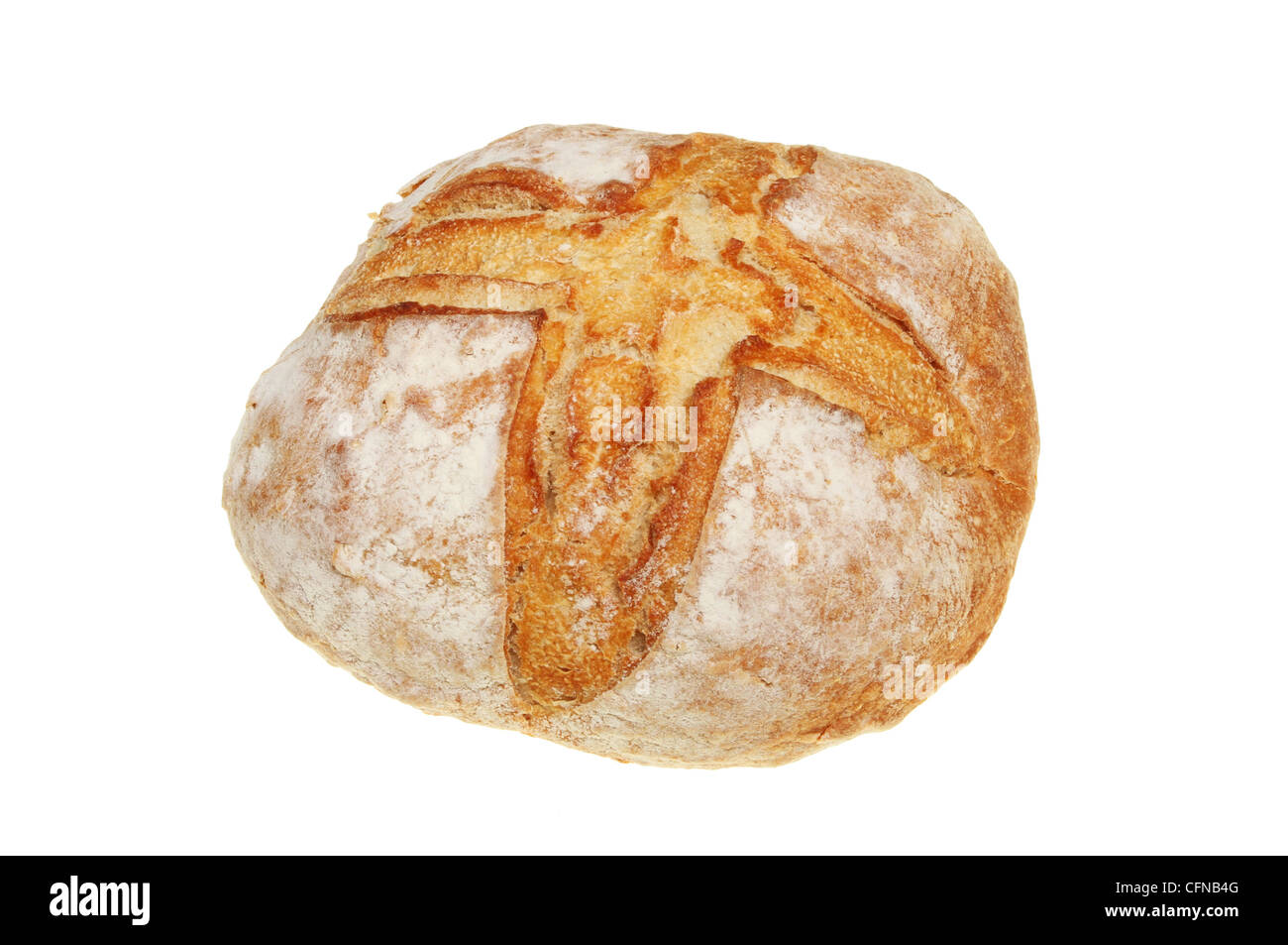 Rustic sourdough bread loaf isolated against white Stock Photo