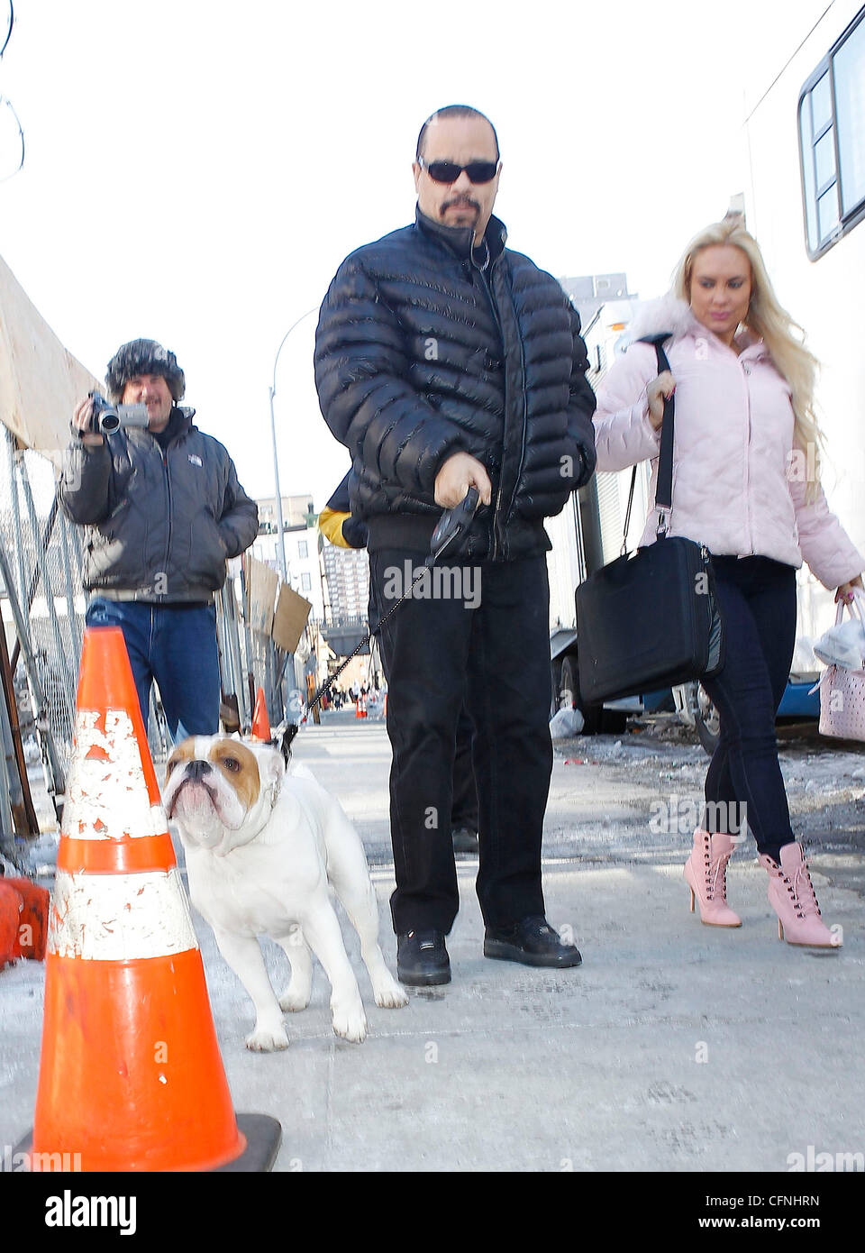IceT and wife Coco Austin walking their English Bulldog Spartacus on the set of "Law & Order