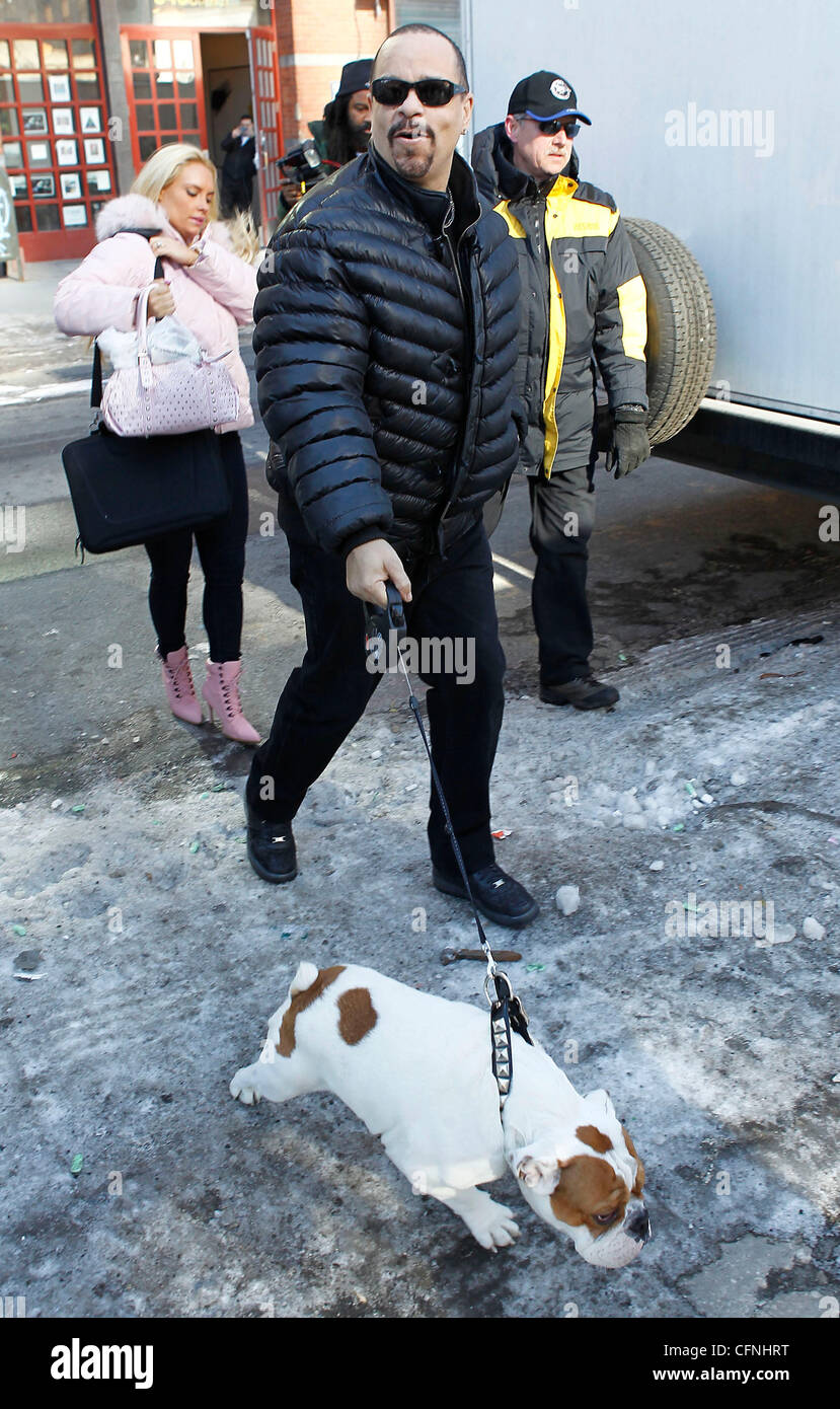 IceT and wife Coco Austin walking their English Bulldog Spartacus on the set of "Law & Order