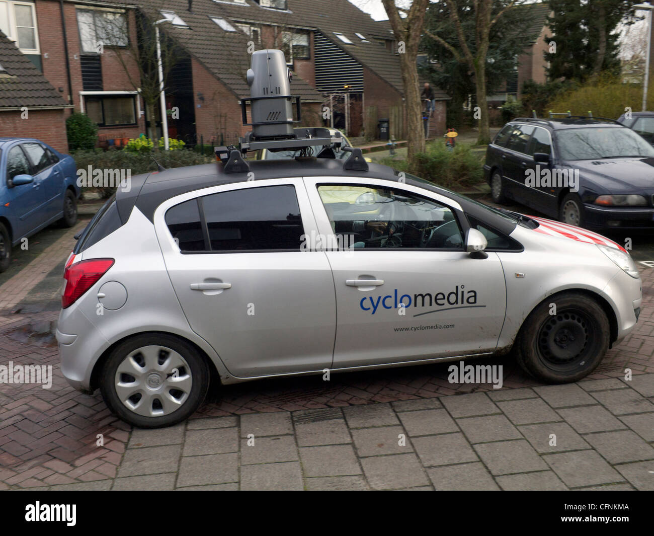 Cyclomedia camera car driving through residential area in Hilversum the Netherlands Stock Photo