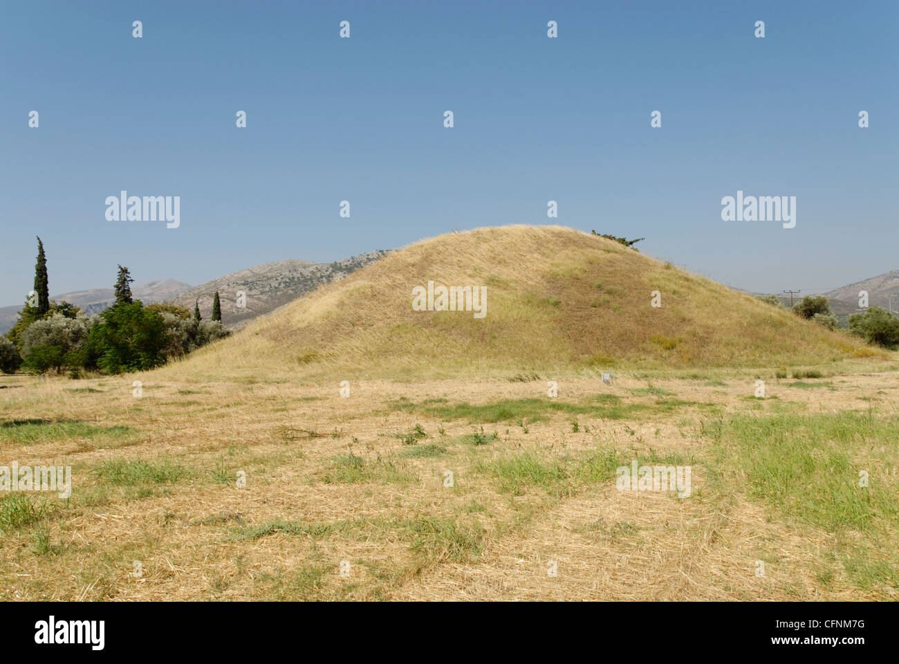 Marathon. Greece. View of the burial mound or tumulus of the 192 Athenian hoplites that died in battle here against the Stock Photo