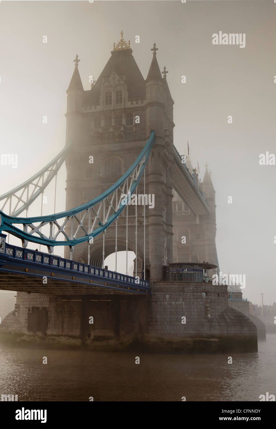 A closeup of the tower and drawbridge on Tower Bridge Stock Photo