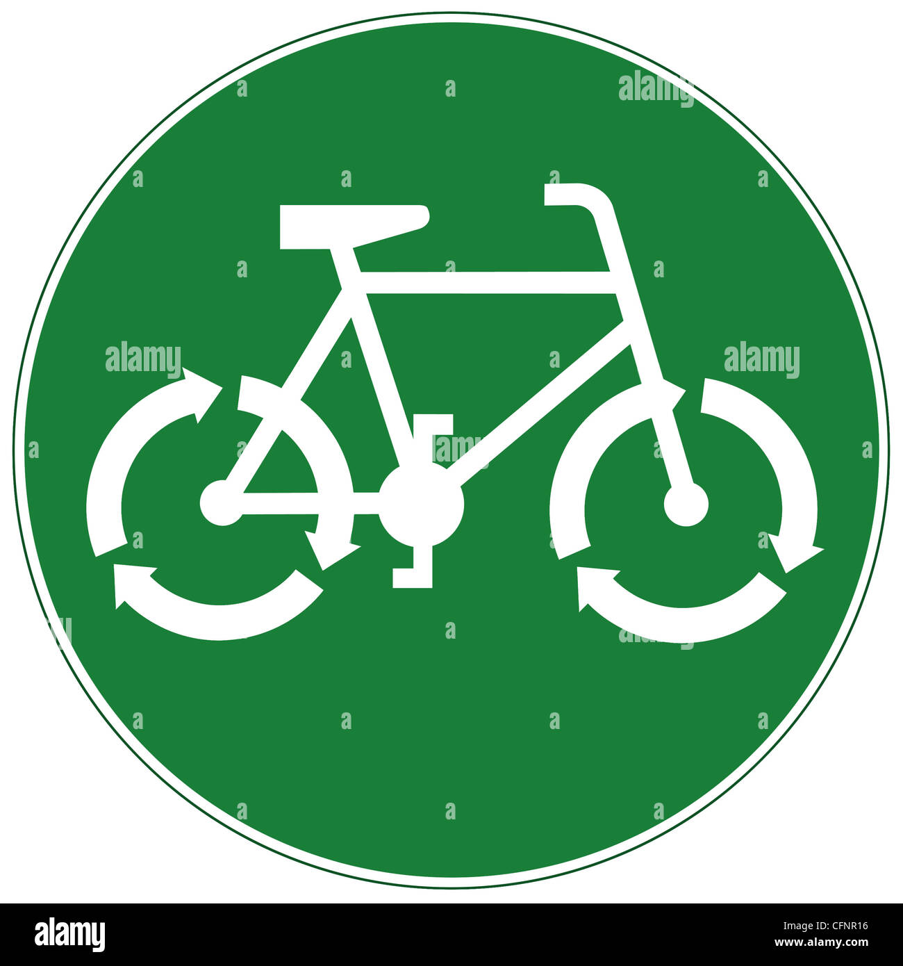 Green road sign with white bicycle pictograph with three-arrow recycle symbol as wheels - recycle concept Stock Photo