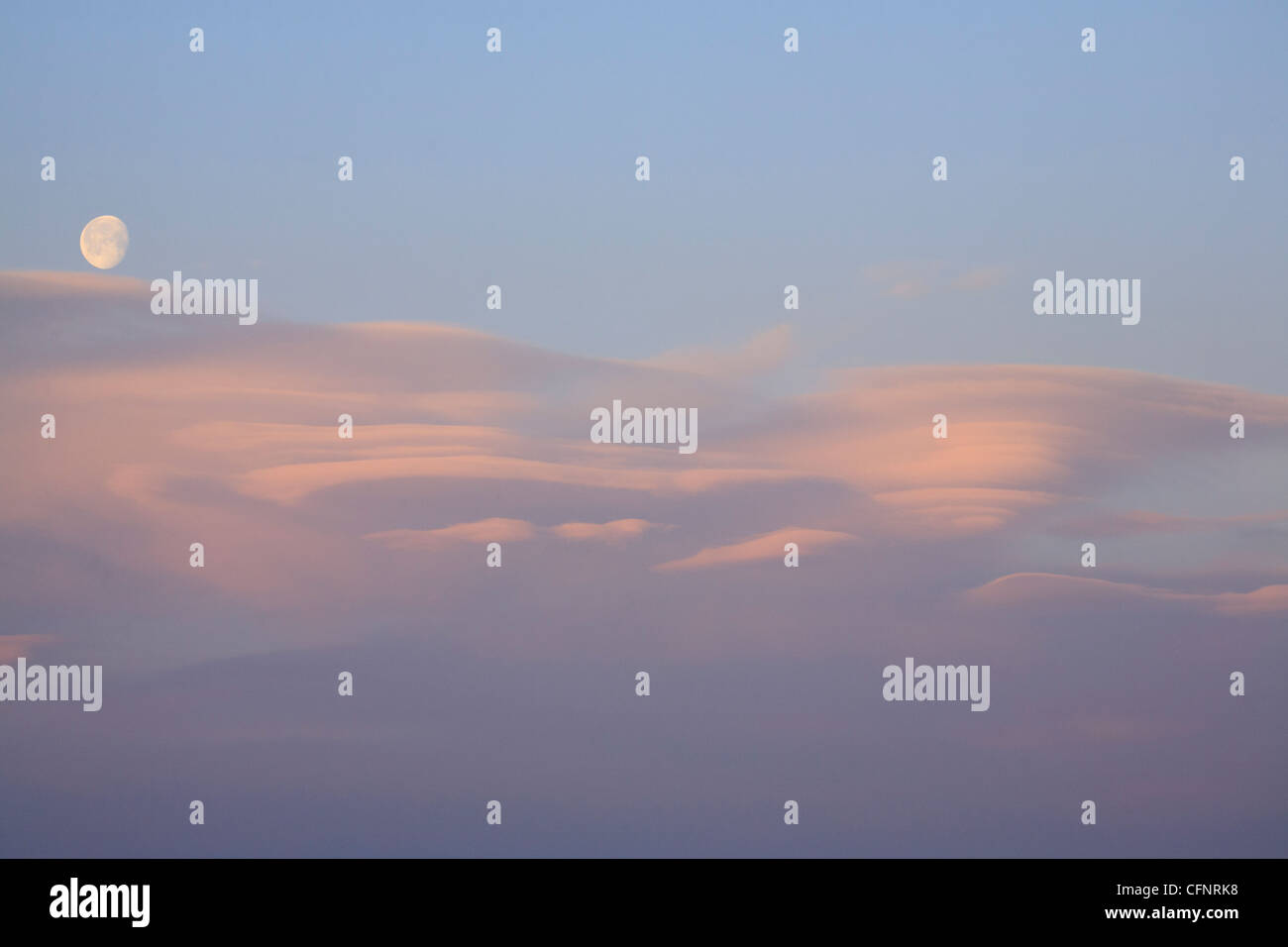 Lenticular cloud formation (Altocumulus lenticularis) at sunrise with the waning moon setting Stock Photo