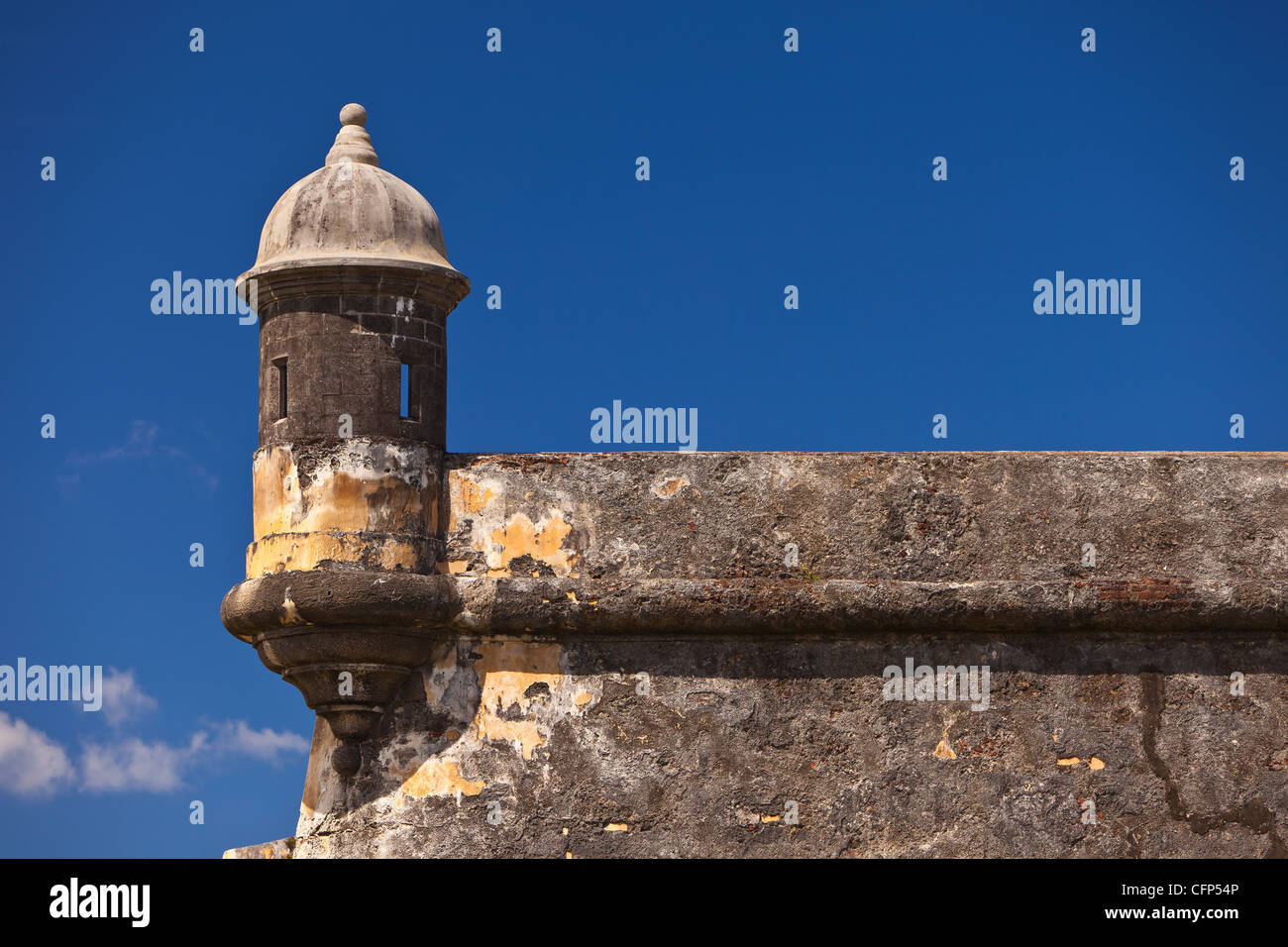 OLD SAN JUAN, PUERTO RICO - Sentry box turret on wall of Castillo San Felipe del Morro, historic fortress. Stock Photo