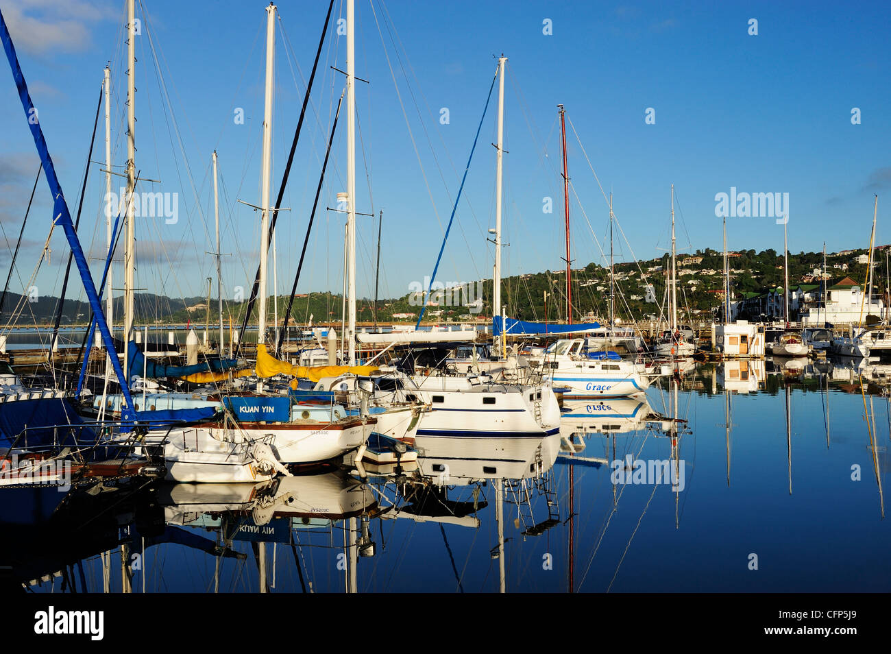 Yachts moored on the Waterfront at Knysna on the Garden Route, Western Cape, South Africa Stock Photo