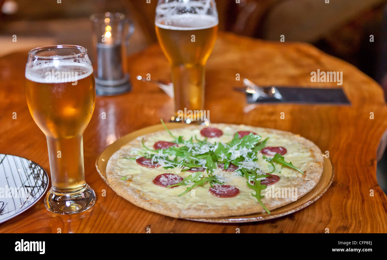 Pizza and Beer Stock Photo