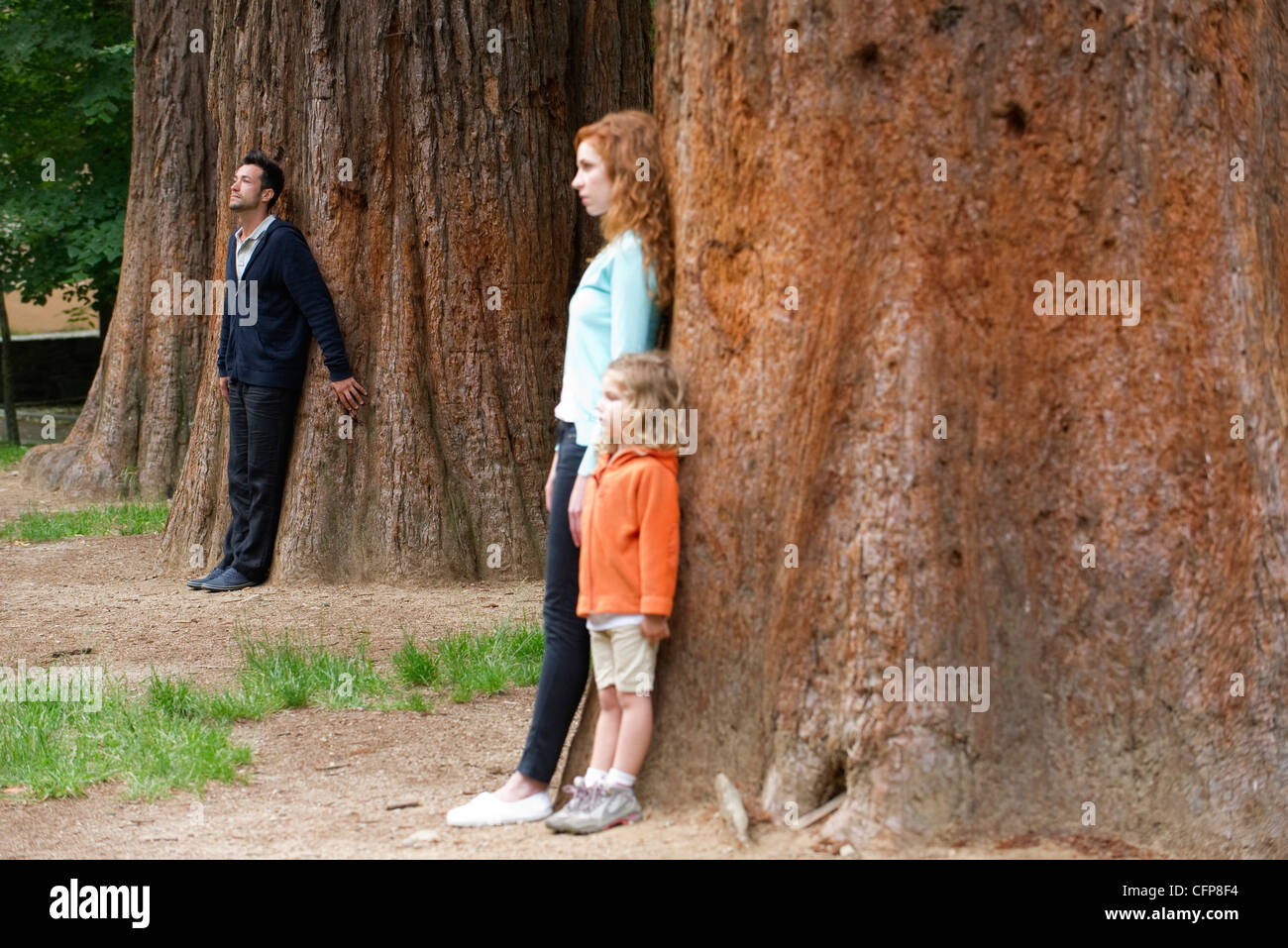 Father leaning against tree trunk in background, wife and daughter ...