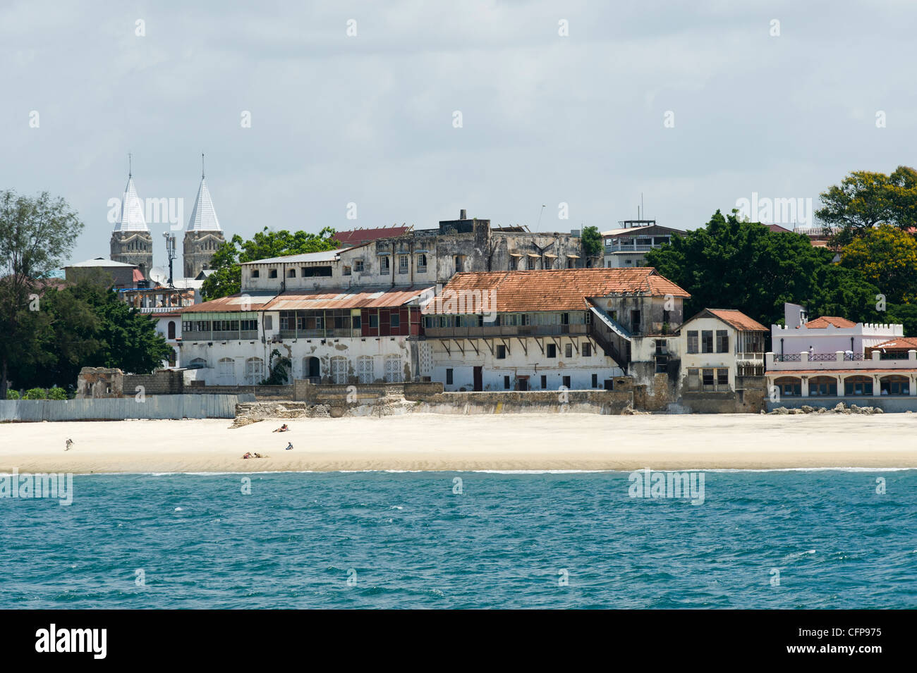 Mambo Msiige and and towers of Anglican Cathedral in Stone Town Zanzibar Tanzania Stock Photo