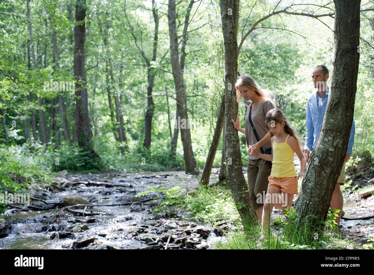 Family hiking along stream in woods Stock Photo