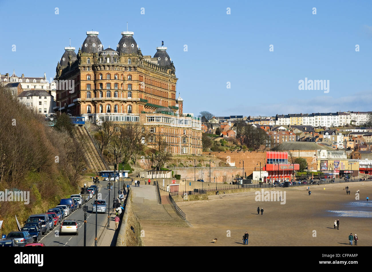Grand Hotel South Bay beach in winter Scarborough North Yorkshire England UK United Kingdom GB Great Britain Stock Photo