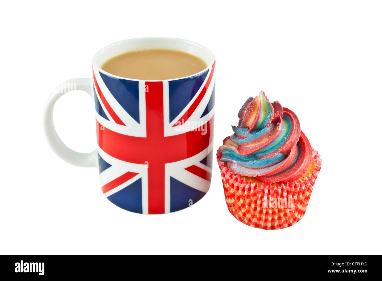 Union Jack Flag Mug of tea and cupcake Stock Photo