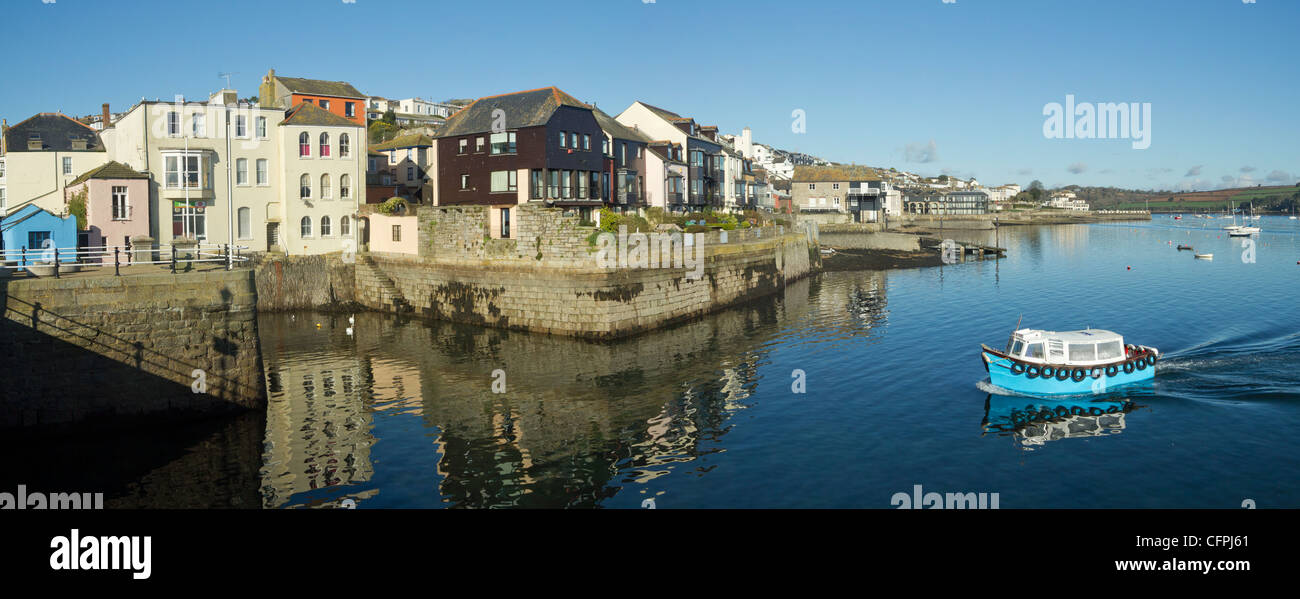 Panoramic view of the Flushing ferry approaching Prince of Wales pier in Falmouth, Cornwall UK. Stock Photo