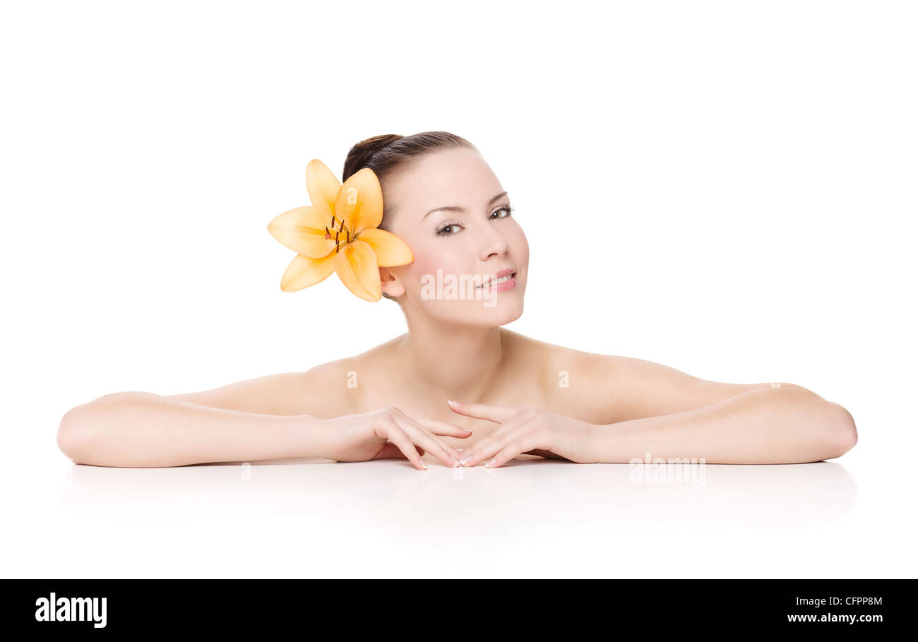 Hi key beauty portrait of a young, beautiful Caucasian woman, isolated on white background Stock Photo